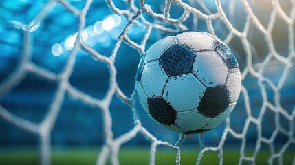 Fototapeta premium Close-up shot of a soccer ball hitting the net with vibrant colors
