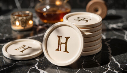 Elegant ceramic coasters stacked on dark marble countertop, sophistication