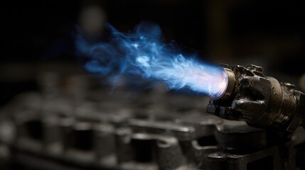 Flame emission event industrial workshop gas torch dark environment close-up view safety measures in action