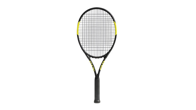Tennis racket black and yellow sports equipment for game competition professional racquet sports gear 100 on transparent background