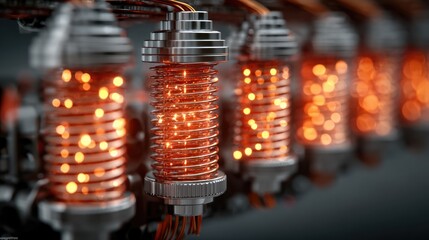 Illuminating energy flow industrial wiring components workshop digital art high-tech environment close-up innovation