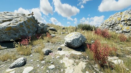 A picturesque landscape featuring rocky terrain, sparse vegetation, and a partly cloudy sky.  Dry, sun-drenched hillsides with scattered shrubs and grasses dominate the scene