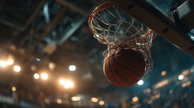 Exciting basketball slam dunk indoor arena sports action nighttime dynamic perspective energy and skill