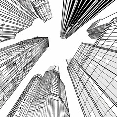 line sketch of modern city low-angle black and white