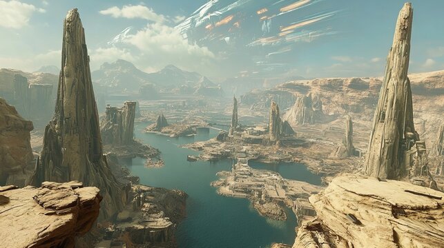 A breathtaking vista of a surreal desert landscape, featuring towering rock formations surrounding a serene lake under a dramatic sky