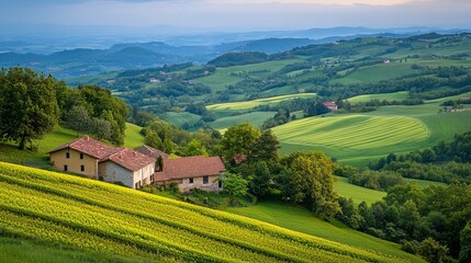 Fototapeta premium Serene hillside farmhouses nestled amidst rolling green hills and vibrant yellow fields under a partly cloudy sky