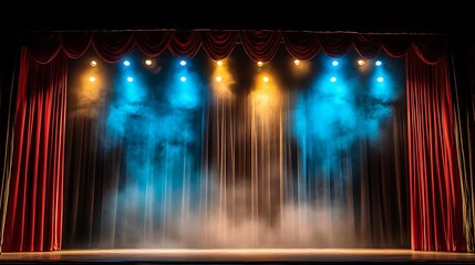 Empty stage with red curtains and colorful lighting.