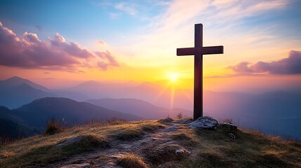Wooden cross atop a mountain peak at sunrise.