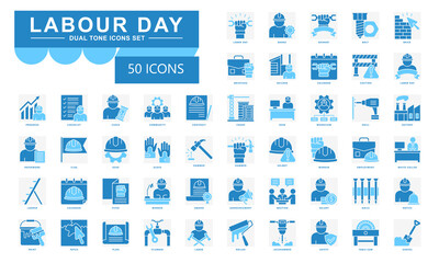 Labor day dual tone icons set. contain labor day, badge, banner, worker, calendar, award, notice, factory, flyer, labor, bolt and more. Vector for modern concept, UI, UX, web and app development.
