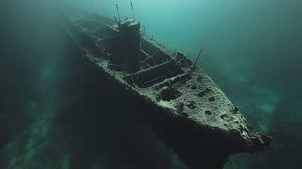 Decaying submarine resting in murky depths.