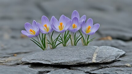 Delicate purple crocuses nestled in a grey stone.