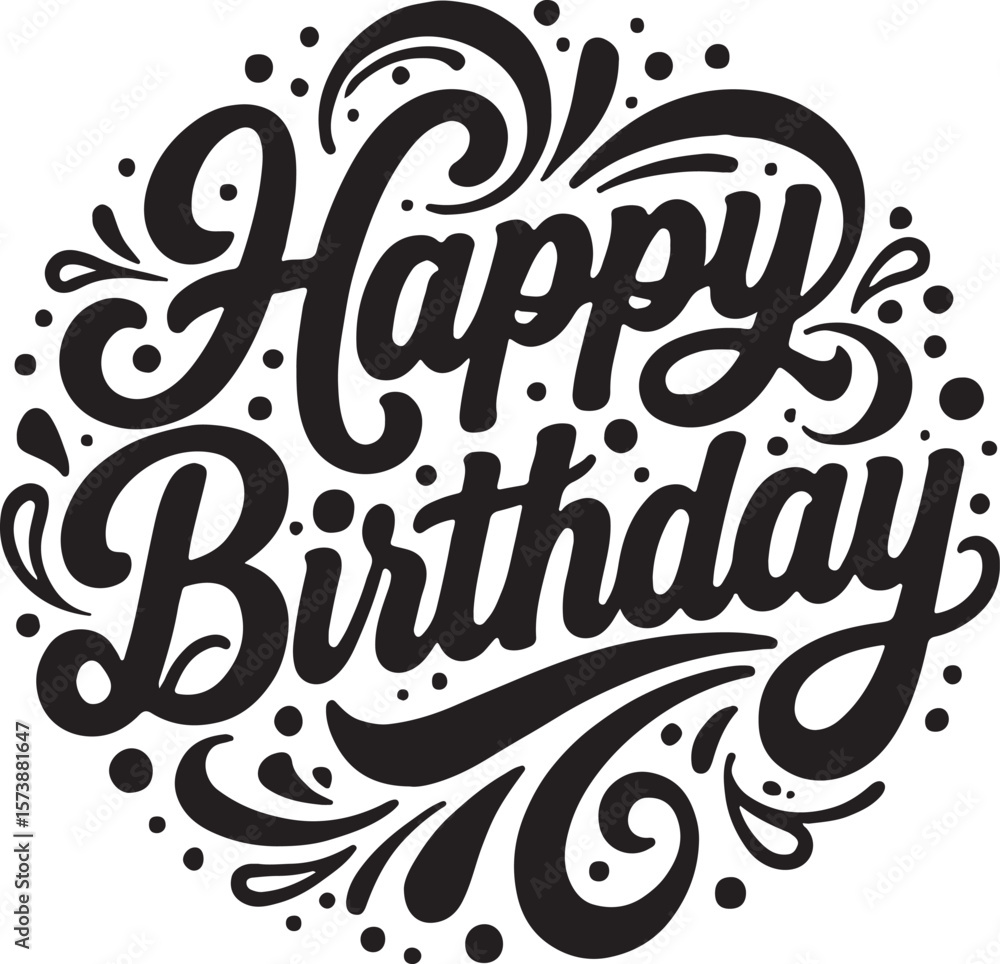 Fototapete vector art of happy birthday text in a circular design with swirls isolated on transparent backgroun