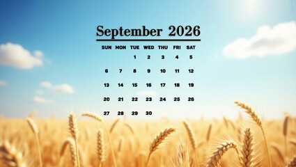 September 2026 calendar set against a golden wheat field and clear blue sky. Warm seasonal design perfect for planners, prints, and agricultural projects.