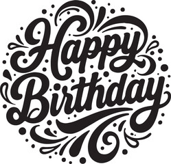Vector art of happy birthday text in a circular design with swirls isolated on transparent background
