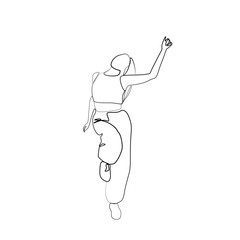 Minimal one line illustration of a female dancer in motion, mid-jump with one hand reaching upward. Expressive modern dance pose with abstract elegance.