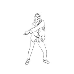 One line drawing of a confident young woman dancing in a loose jacket and sunglasses. Urban street dance pose with expressive movement. Minimalist black and white vector illustration.