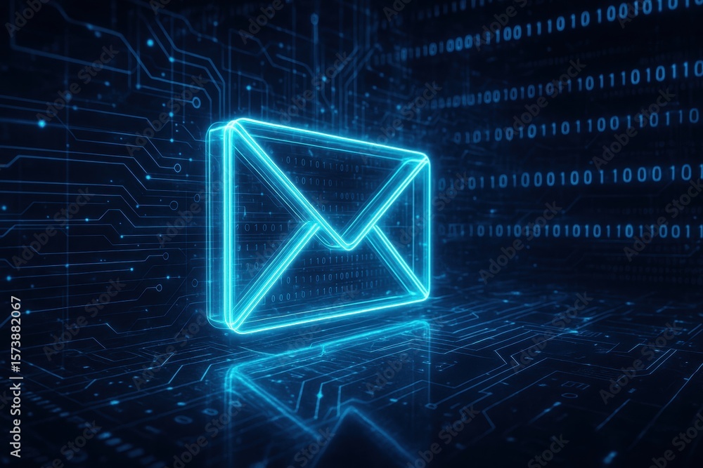 Poster digital communication: a glowing neon email icon surrounded by an intricate circuit board pattern, r