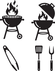 Vector art of barbecue grill with flames and grilling utensils isolated on transparent background