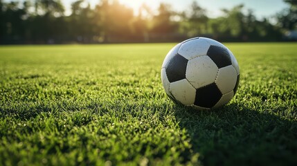 Fototapeta premium Soccer ball resting on a vibrant green field bathed in the soft glow of sunlight