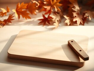 Empty wooden board with autumn leaves, showcasing artisanal kitchenware
