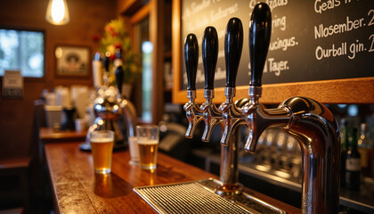 Cozy pub ambiance with shiny beer taps and warm lighting, relaxation