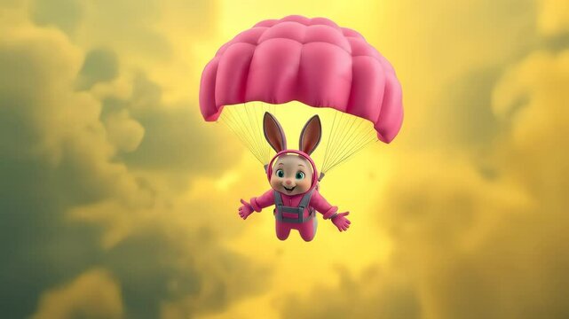Cute Pink Bunny Skydiving Soft Yellow Clouds
