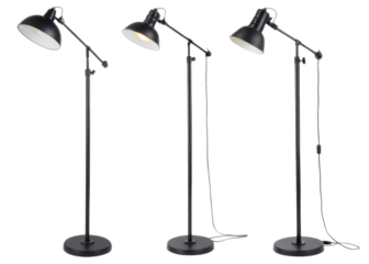 Stylish floor lamps in black finish feature adjustable arms and sleek designs, perfect for enhancing any room ambiance and lighting