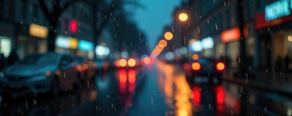 Rainy City Night Blurry Street Scene, Melancholic Atmosphere, Silhouetted Reflections