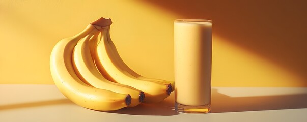 Ripe bananas beside a glass of fresh banana smoothie, minimalistic background, organic health food image