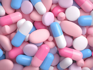  close-up image of various colorful pills and capsules in shades of pink, blue, and white scattered together.