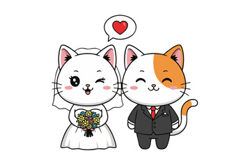 Cartoon Cat Wedding Couple: Bride with Bouquet Groom in Suit.