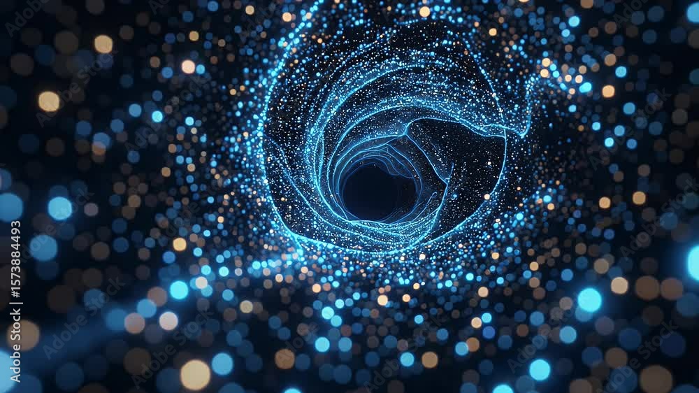 Poster abstract light tunnel: dynamic blue and gold particle flow, futuristic digital space