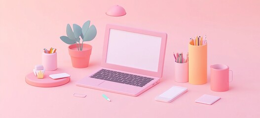 Pastel pink workspace with laptop, stationery, and plant