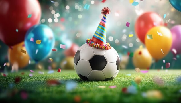 A soccer ball wearing a colorful party hat sits on grass surrounded by balloons and confetti, creating a festive celebration atmosphere.