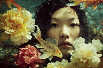 Underwater scene of a beautiful young girl with fishes and flowers created using ai generated image tools in a creative portrait style
