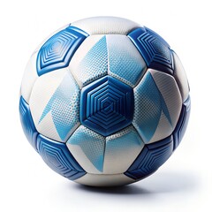 Isolated close-up of a modern soccer ball featuring blue geometric patterns on a white surface, photographed in high resolution with a clean white background