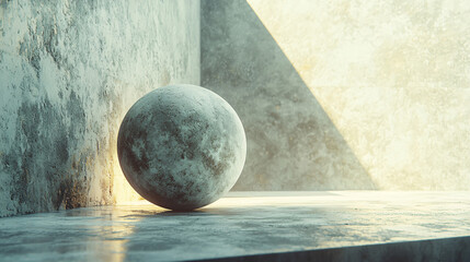 Textured Stone Sphere in Minimalist Interior with Soft Light
