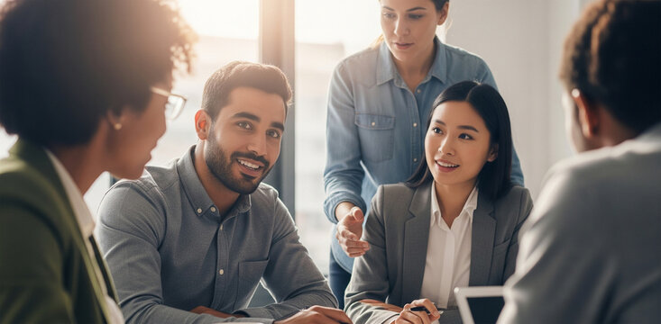A diverse group of professionals is having a collaborative discussion in a sunlit office, with a woman standing and actively engaging with her seated colleagues.