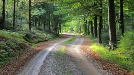 Fototapeta premium Sunlit forest path winding through lush greenery, flanked by tall trees and undergrowth