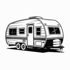Monochrome illustration of a vintage camper trailer for travel adventures