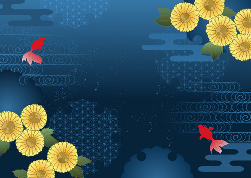 和柄 涼しげな向日葵と金魚 ベクター背景 日本の夏 紺色 Japanese pattern cool sunflowers and goldfish vector background japanese summer navy blue