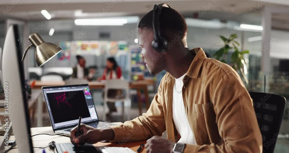 Poster computer, support and writing with man in call center for feedback or solution as virtual assistant.