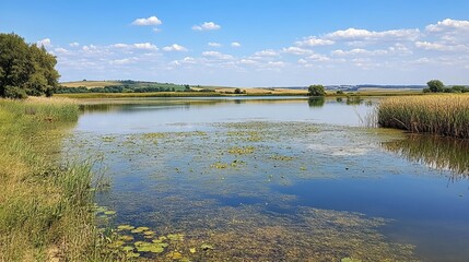 Serene lake view on a sunny day, with lush vegetation along the shoreline and gently rolling hills in the distance under a partly cloudy sky