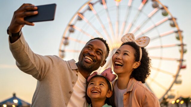 Mixed Race Family Taking Selfie in Front of Ferris Wheel During Fun Evening at Amusement Park - Powered by Adobe