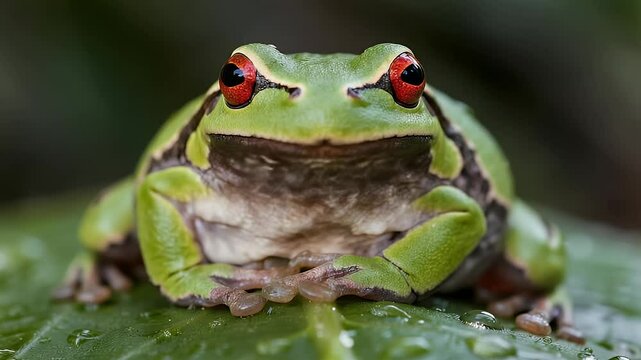 Red-Eyed Tree Frog Portrait: Vibrant Amphibian on Leaf with Water Droplets