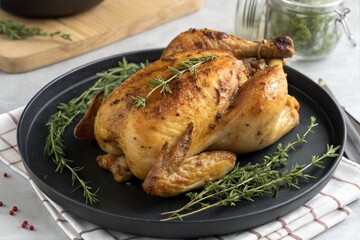 Golden-brown roasted whole chicken served on a matte black platter garnished with sprigs of fresh thyme