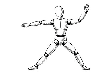 Wooden Mannequin in Dynamic Pose Illustration for Artistic Reference and Design