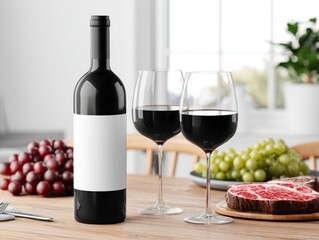 Obraz premium A bottle of red wine with its label blank is paired with grapes and a serving plate offering a fresh and juicy steak