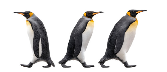 Three Emperor Penguins Walking in a Row Against a White Background, Emphasizing Their Graceful Movement