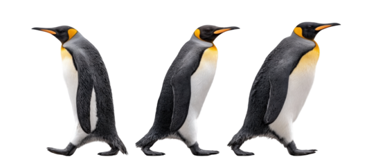 Three Emperor Penguins Walking in a Row Against a White Background, Emphasizing Their Graceful Movement